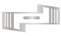 Un logo argenté sur fond blanc qui ressemble à un bâtiment.