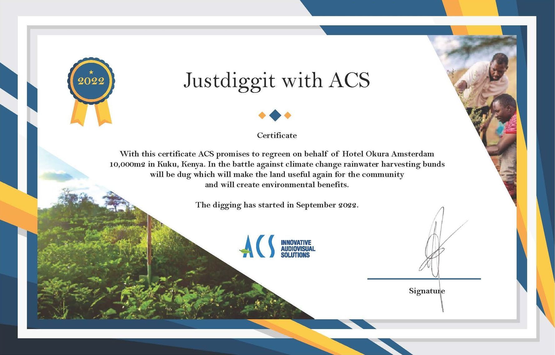 Certificate for Justdiggit with ACS, with text, a seal, and a photo of people planting.