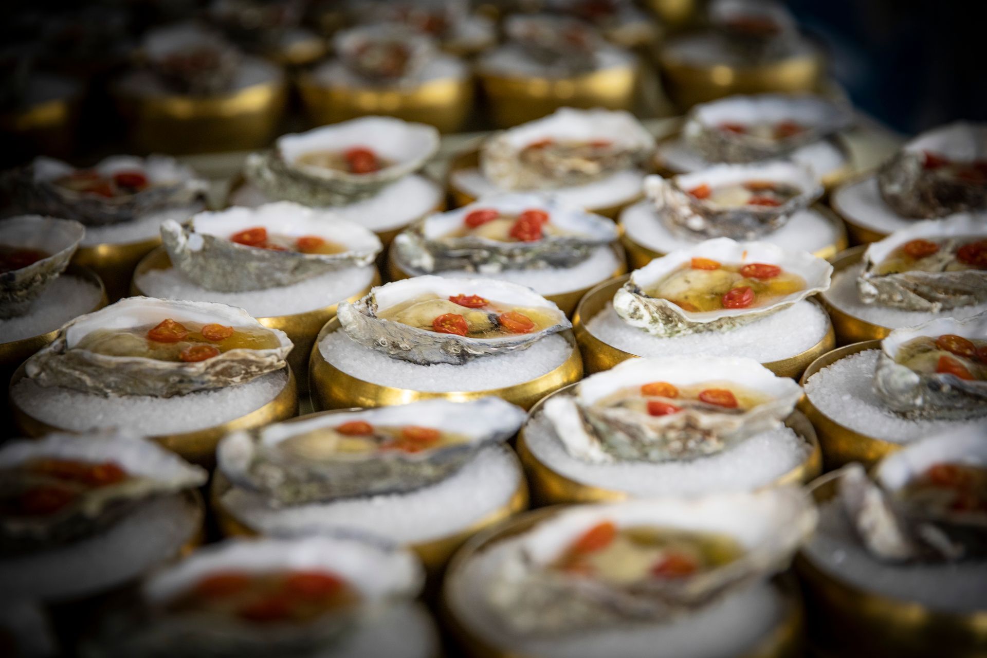 Oysters on gold-rimmed pedestals, topped with red garnish, arranged on a bed of white salt.