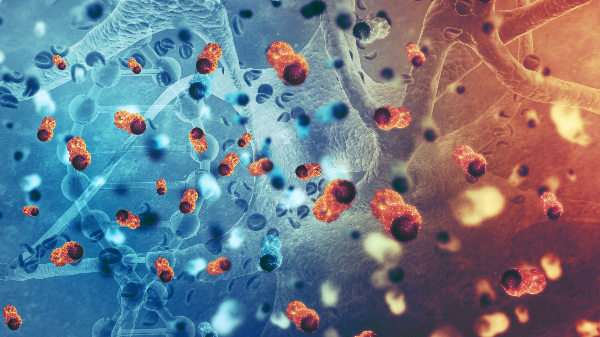 Microscopic view of cells, blood, and bacteria. Blue, orange, and red colors.