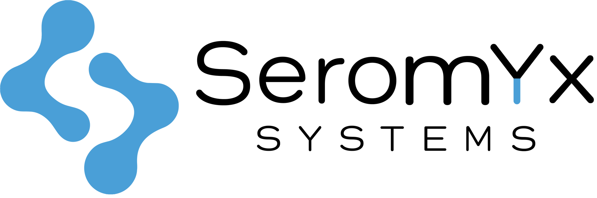SeromYx Systems logo: blue molecule graphic, black text with a blue