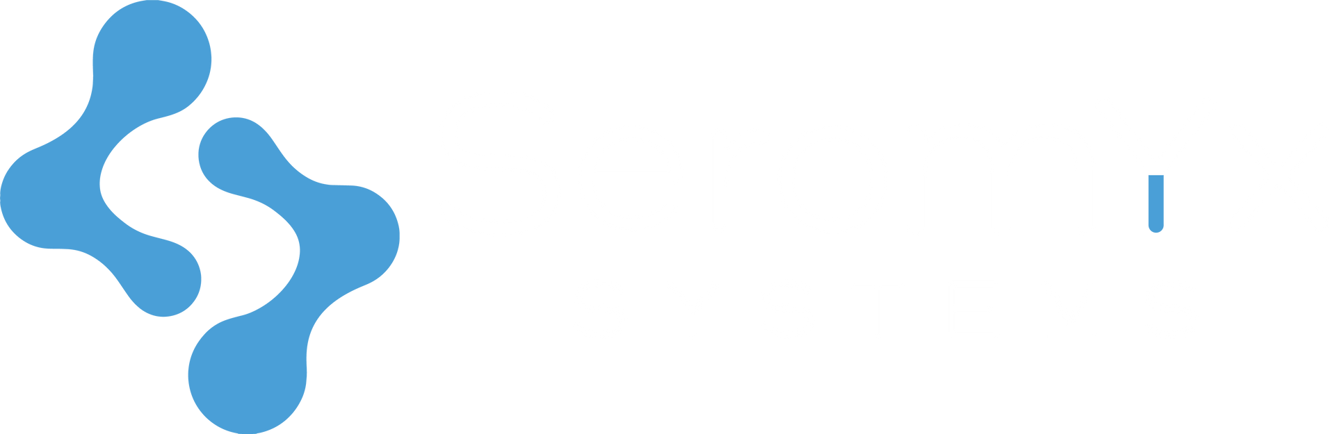 Logo of a blue molecule-like design, followed by the white word