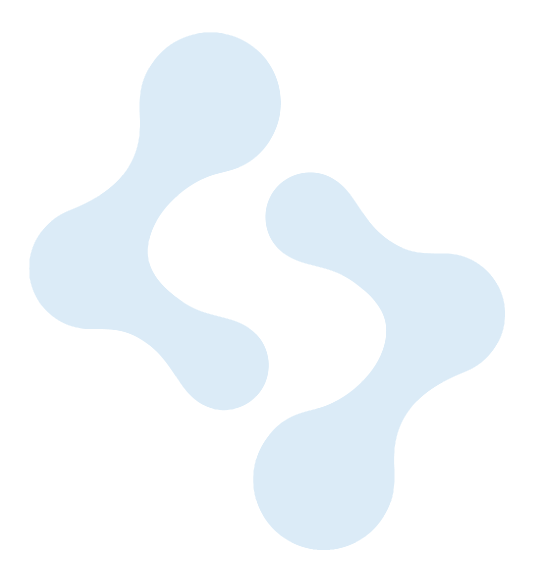 Two light blue abstract shapes angled away from each other, possibly representing connection or exchange.