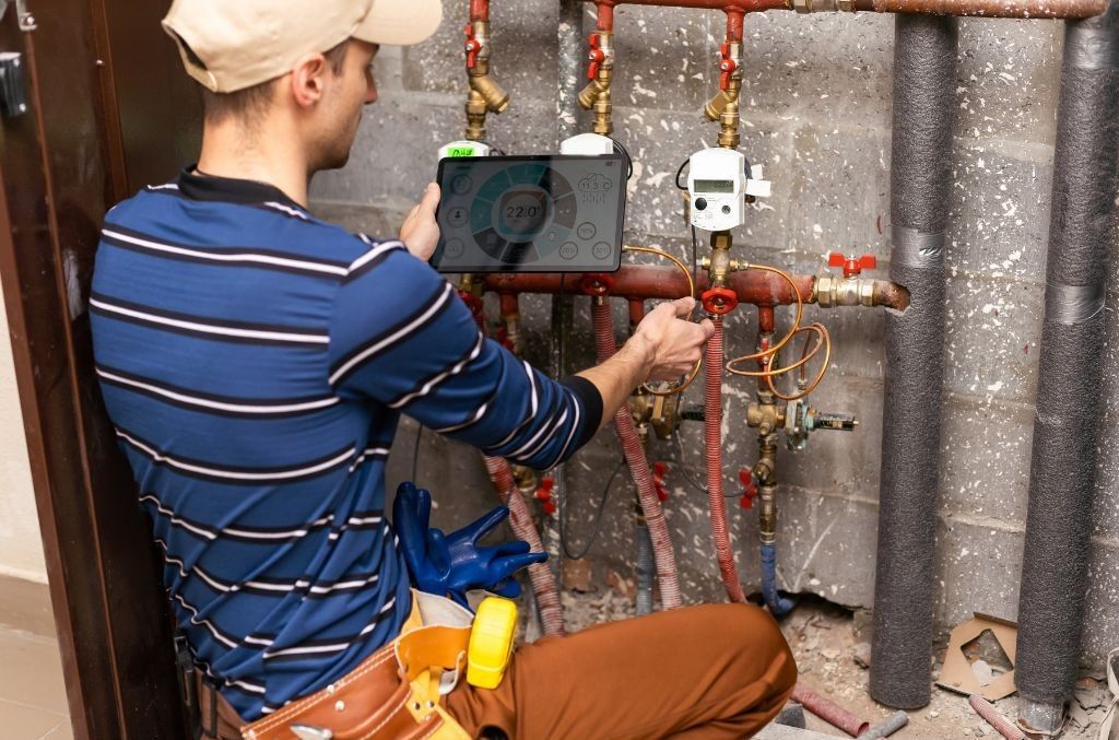 A man is kneeling down in front of a pipe and looking at a tablet.