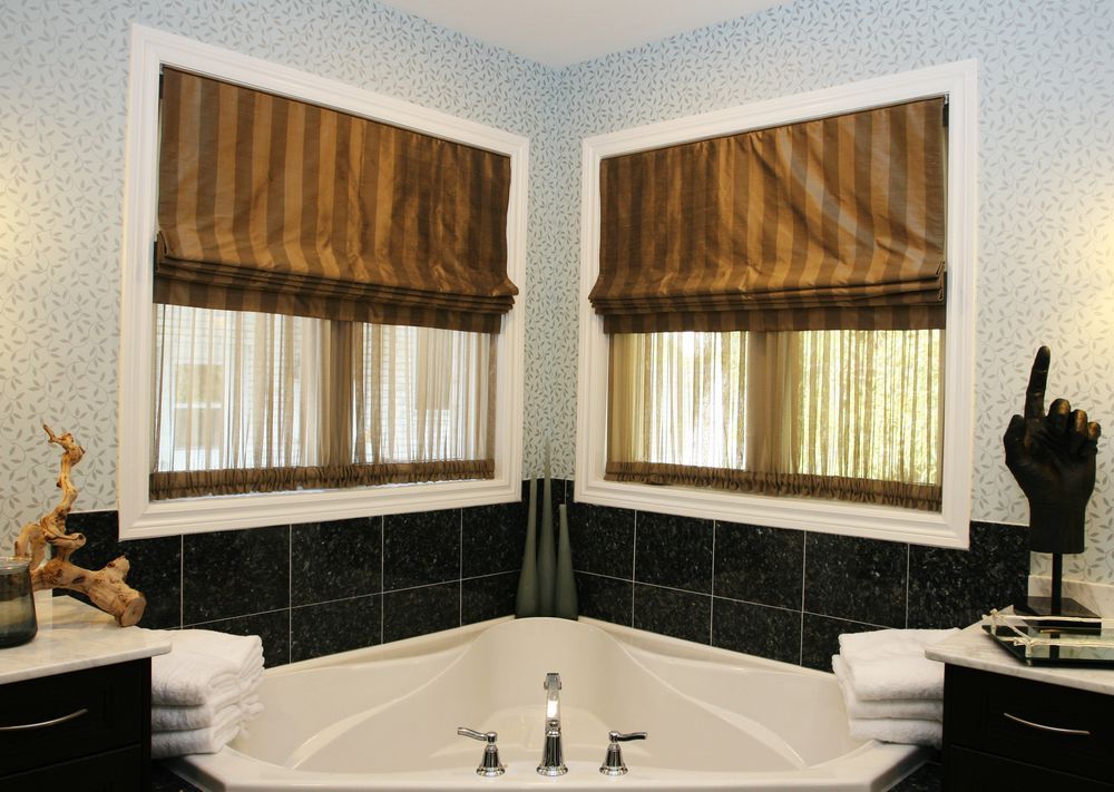 Brown Roman Shade Complements The Bathroom's Warm Tones — Ulladulla Blinds & Home Improvements In Ulladulla, NSW