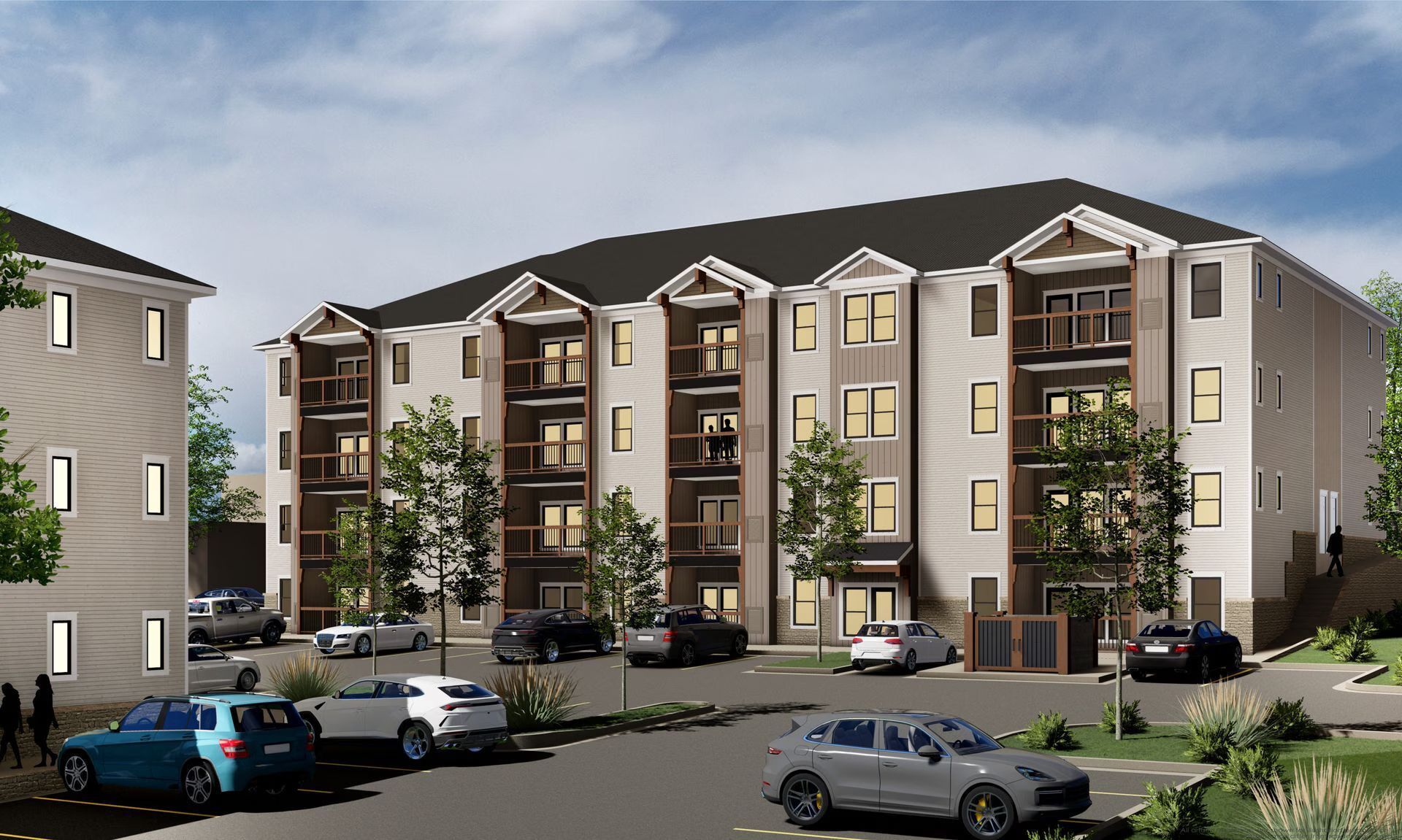 Modern multi-story apartment building with balconies, parked cars, and a cloudy sky