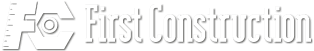 White “First Construction” logo with a stylized hexagonal icon on a transparent background