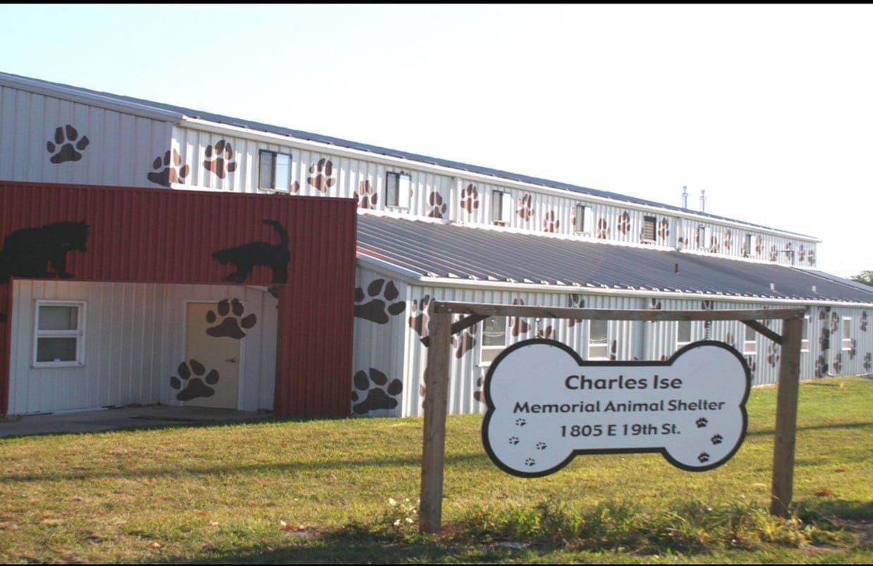 Chorus Line Doggie Daycare and Animal Shelter building with paw-print sign on a grassy lawn