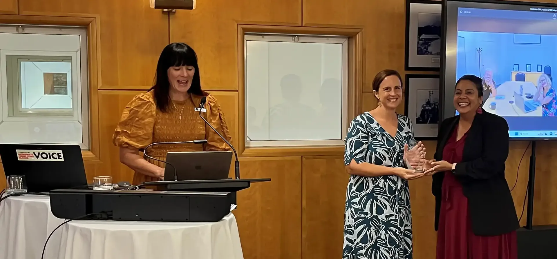 Alex receiving her award from Kellie Dunn (ahi;) and Minister Ngaree Ah Kit (then Minister for Urban Housing, NT) at the launch of the NT’s Community Housing Industry Development Plan