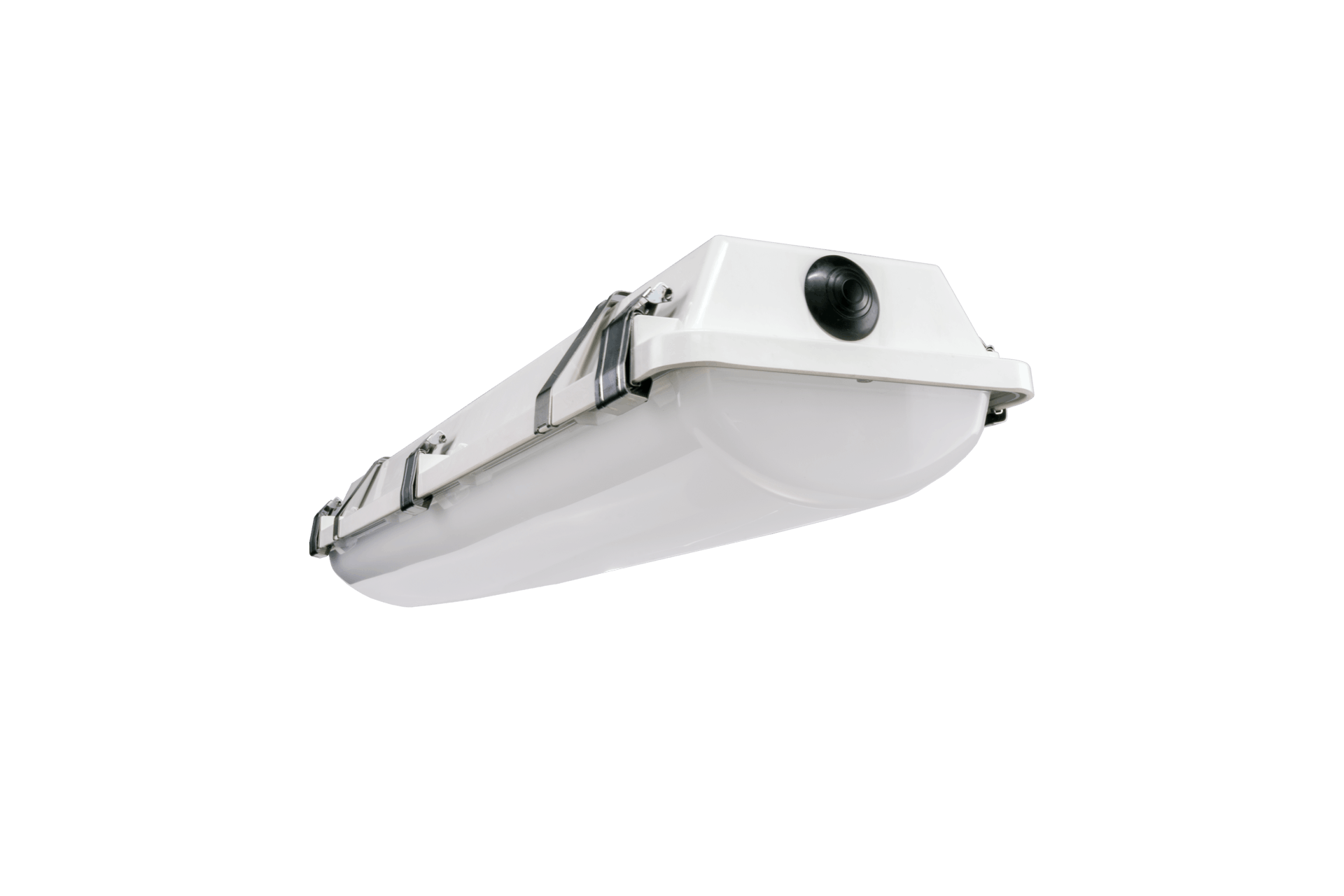 A white light fixture against a blue sky