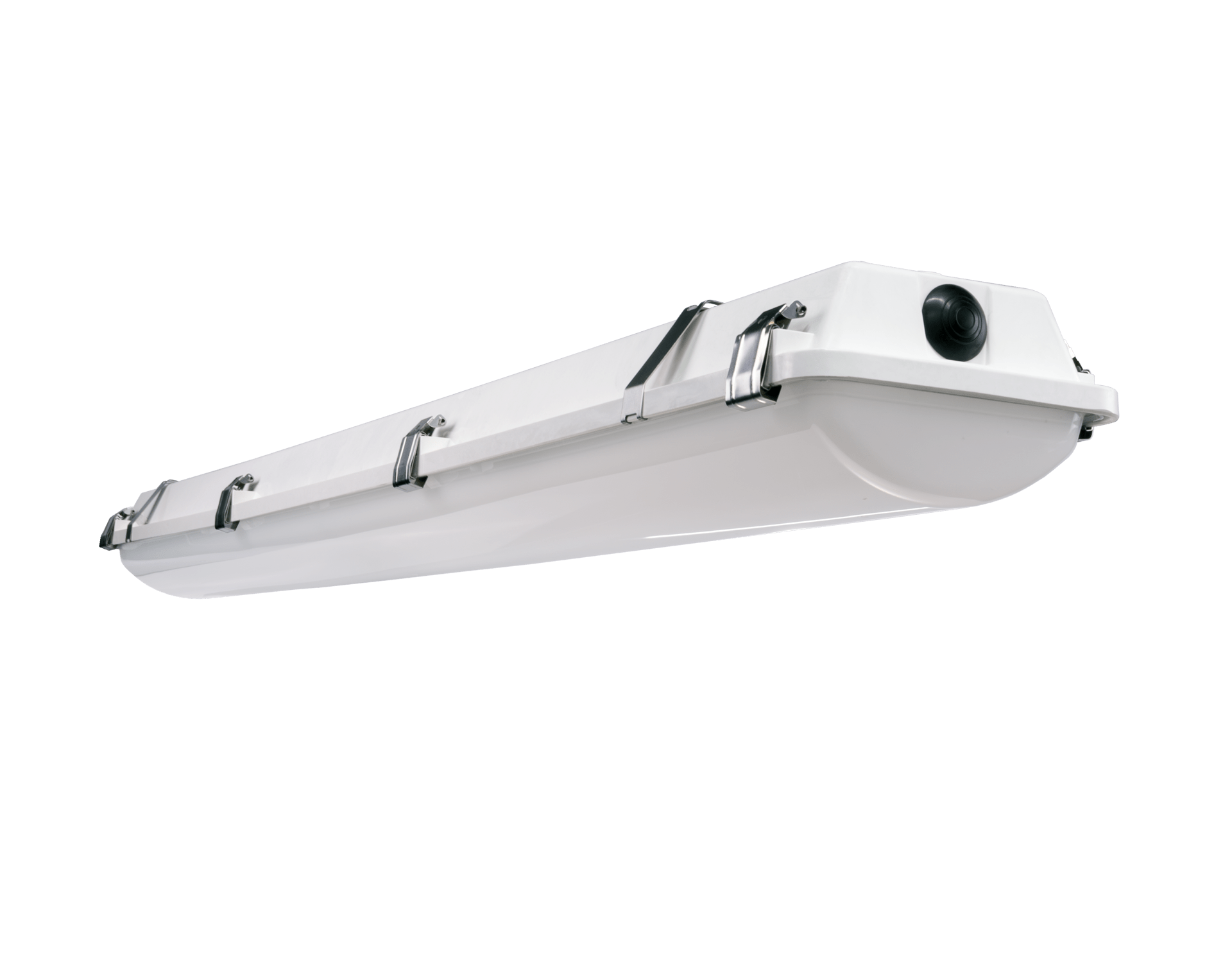 A white light fixture against a blue sky