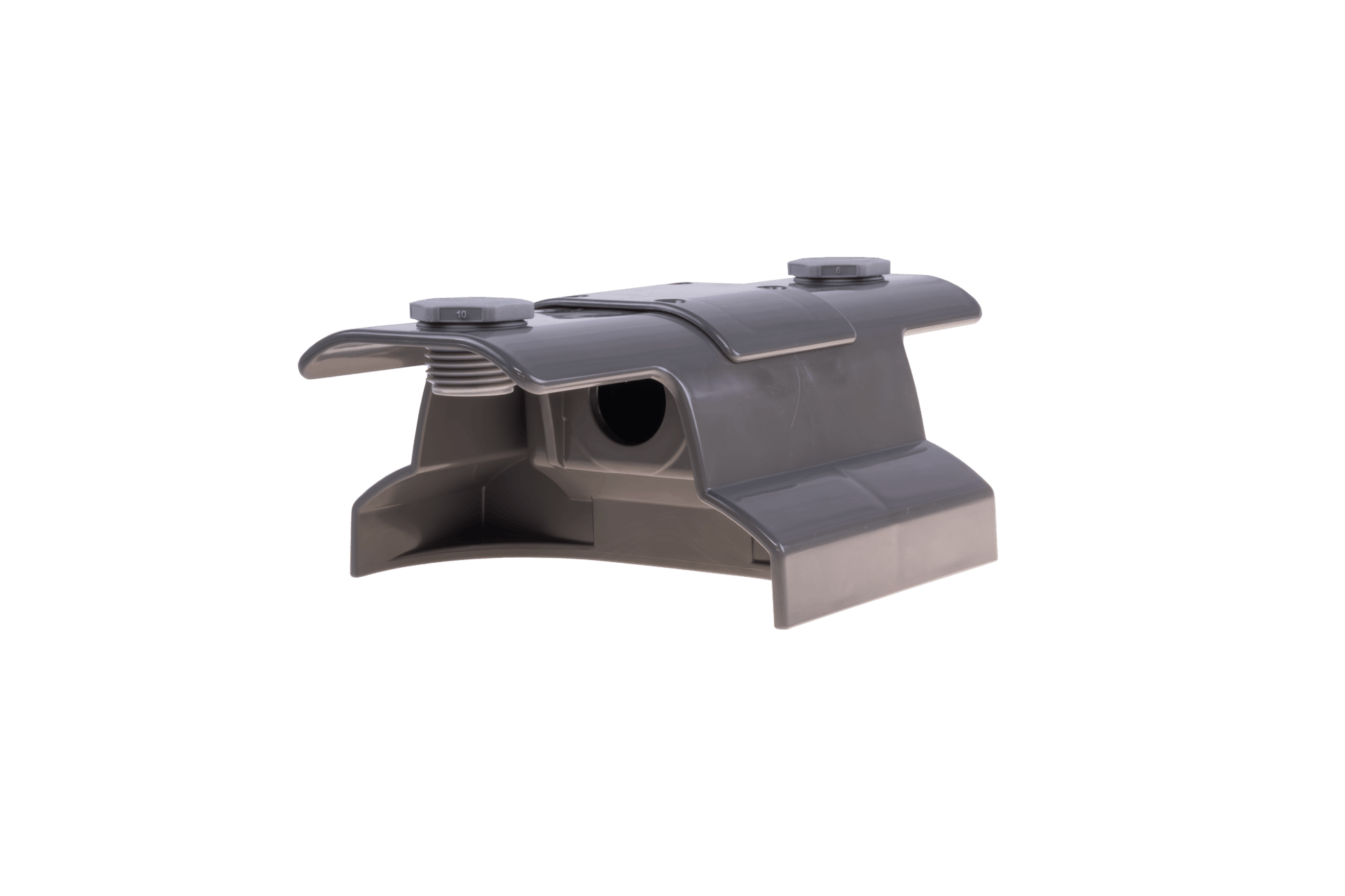 NautiLink vapor tight linear fixture linking kit connection detail. Studio product photograph of the NautiLink vapor-tight linking kit connector from a perspective angle, showcasing its curved top, flat mounting wings, and two securing screws against a light gray background.