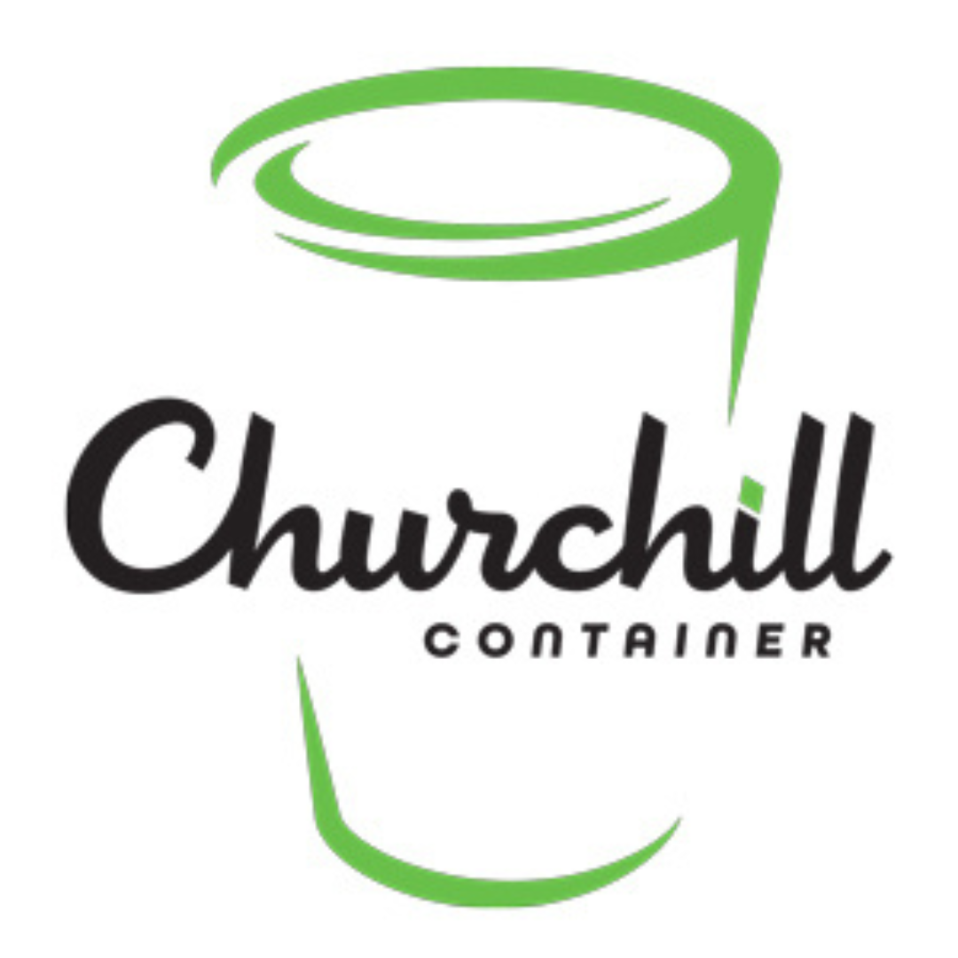A churchill container logo with a green cup on a white background