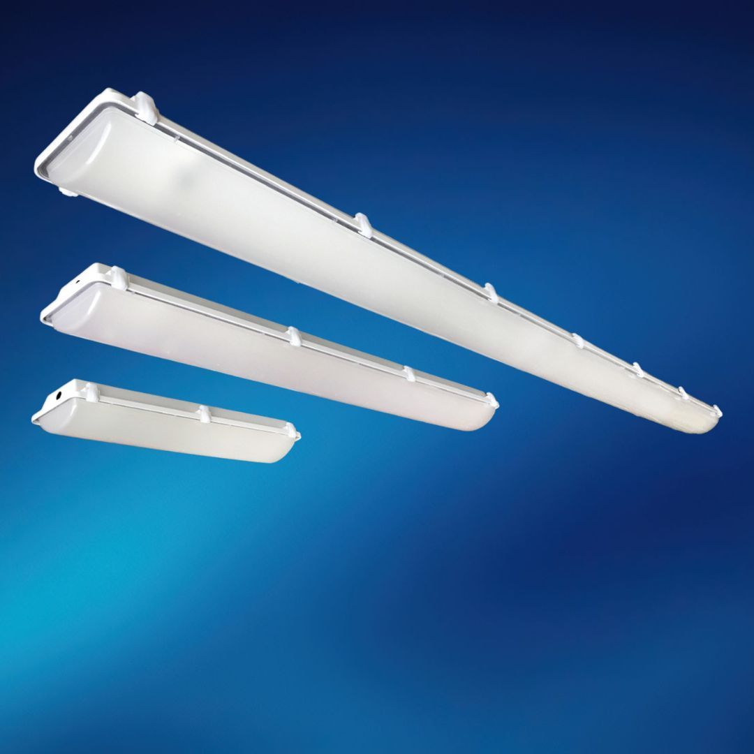 Three white lights are hanging from the ceiling on a blue background