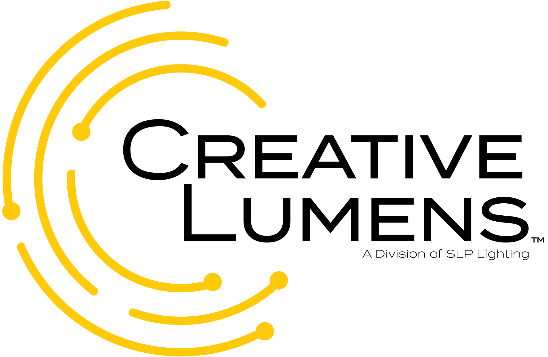 The logo for creative lumens is yellow and black with a yellow circle in the middle.