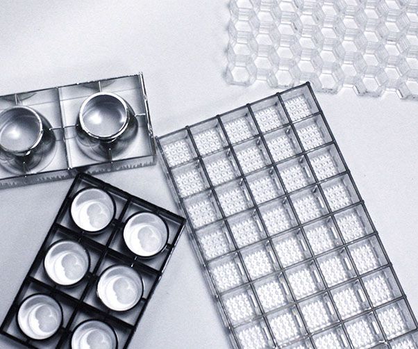 A bunch of trays with circles on them are sitting on a table.