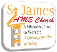 St. James AME Church logo with orange steeple icon and text: Historical Place to Worship, Contemporary Place to Belong