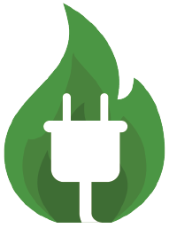 Green flame with a white electrical plug icon in the center