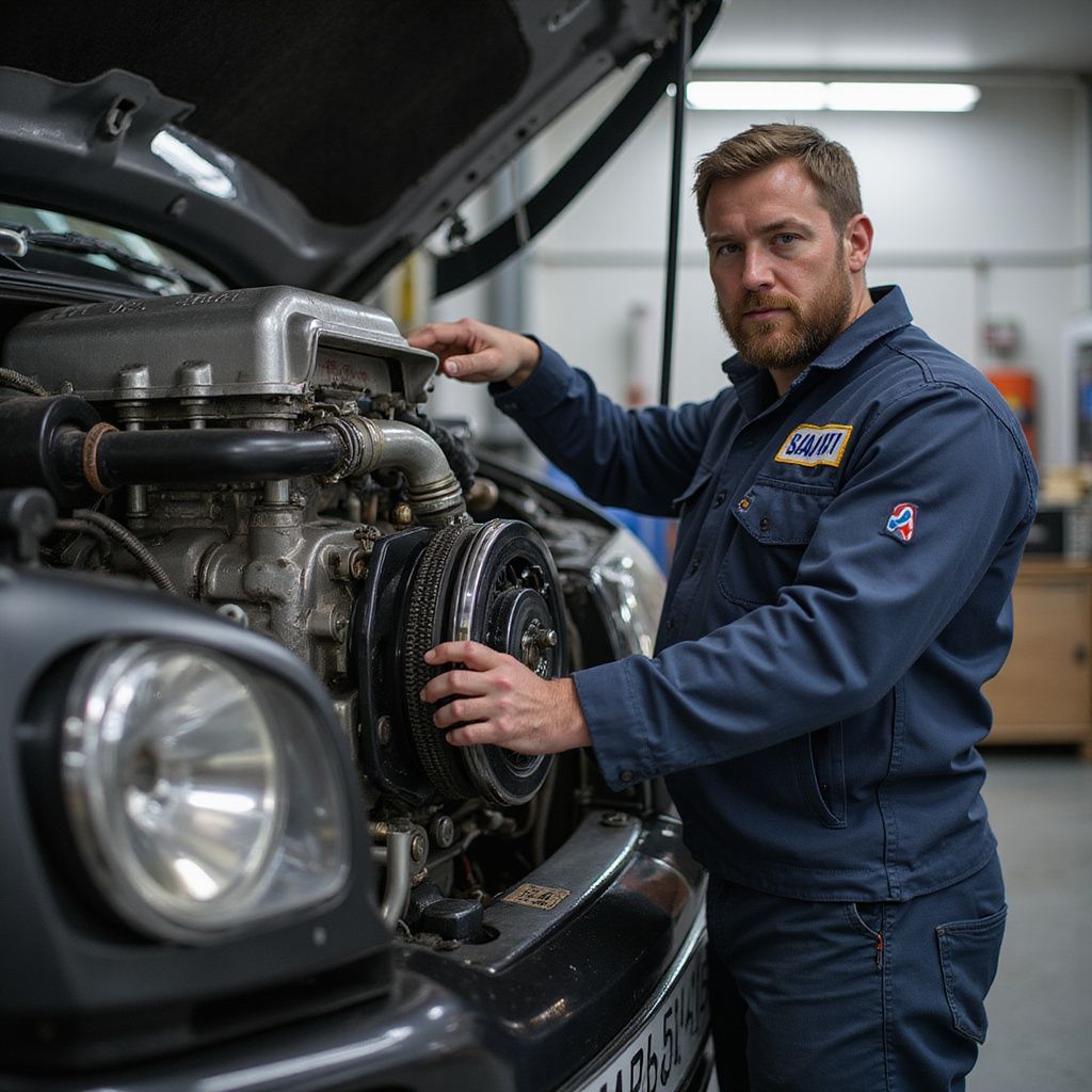 Un mécanicien en combinaison bleue examine le moteur d'une voiture, capot ouvert, dans un garage.