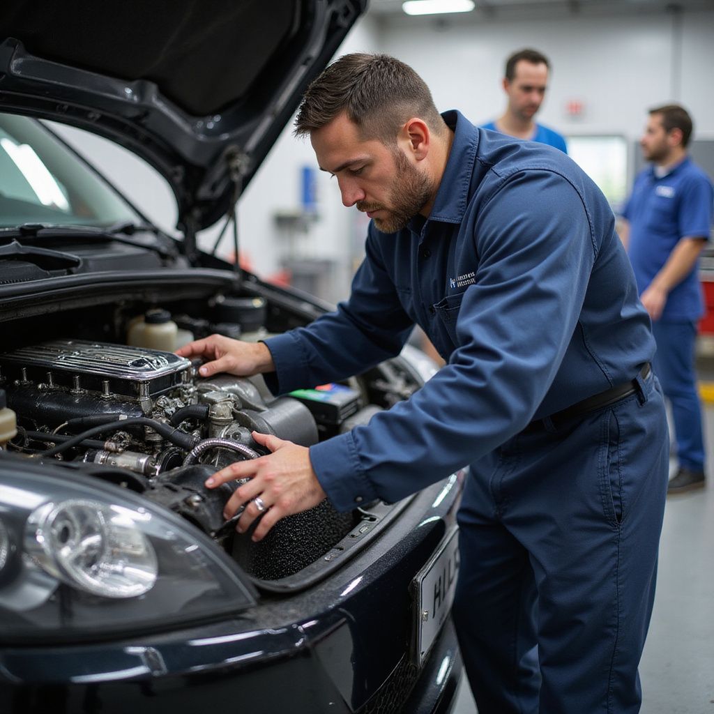 Un mécanicien en combinaison bleue inspecte le moteur d'une voiture dans un atelier de réparation automobile.