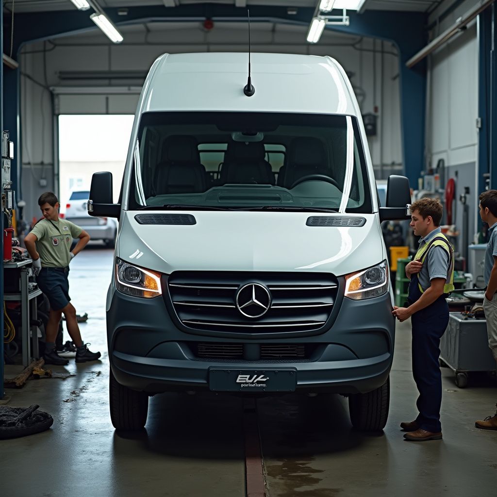 Une camionnette Mercedes blanche dans un garage, des mécaniciens se tenant à côté pendant une inspection de service