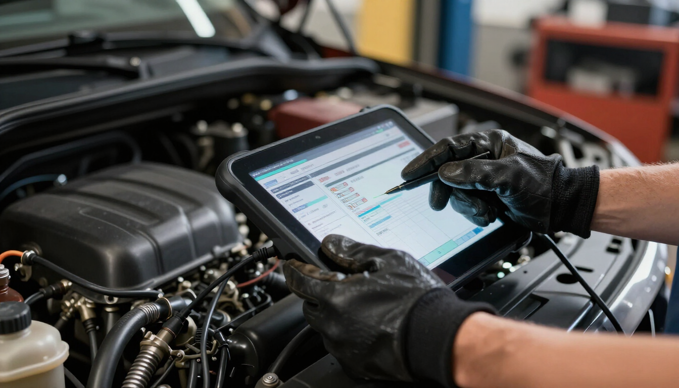 Des mains gantées utilisent une tablette pour diagnostiquer un moteur de voiture dans un garage.