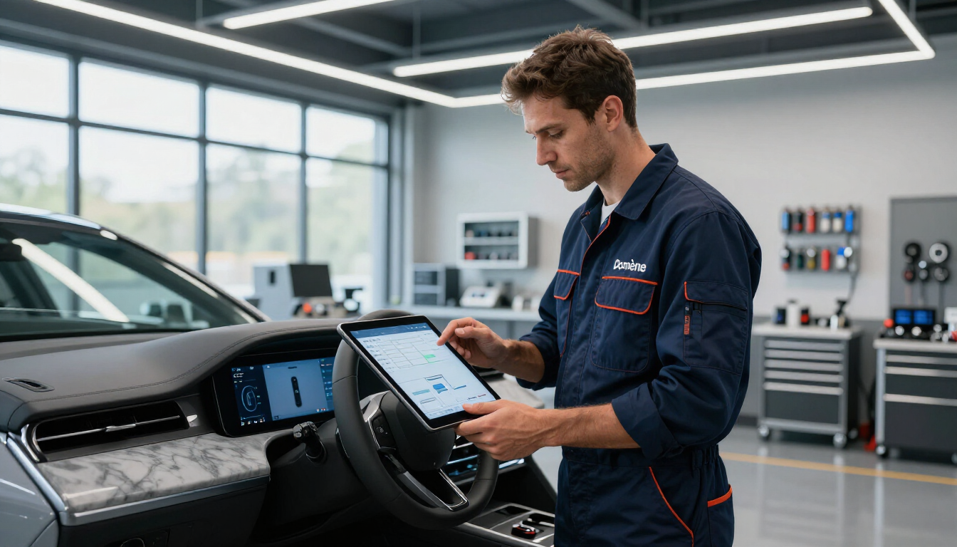 Un mécanicien utilise une tablette à côté d'une voiture dans un atelier de réparation automobile moderne.