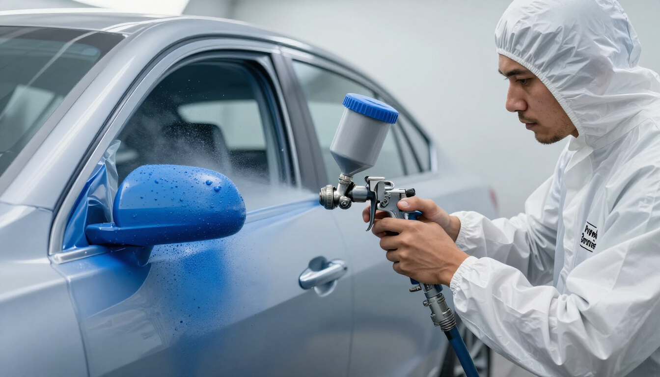 Application précise de peinture automobile par un carrossier chez Yan Carrosserie Autos à Domene, proche de Grenoble