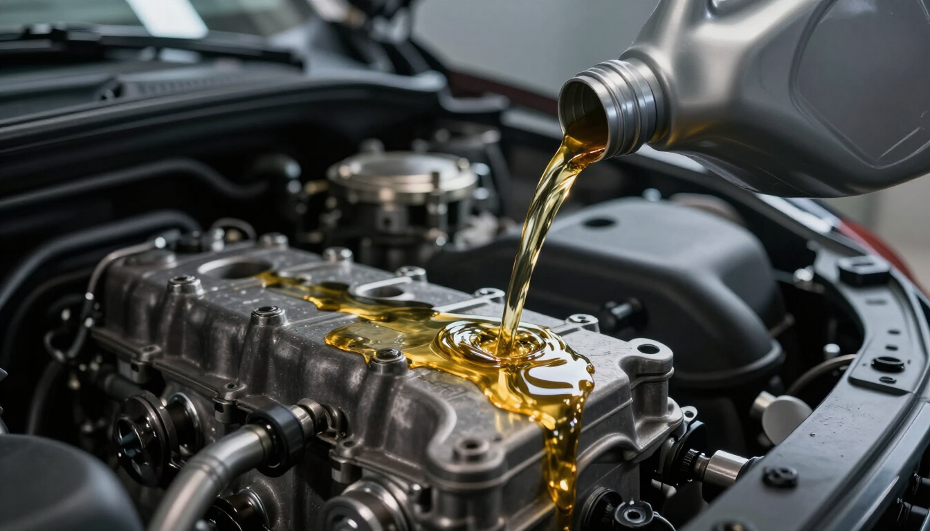De l'huile moteur est versée dans le compartiment moteur d'une voiture, avec un moteur argenté et un capot foncé visibles.