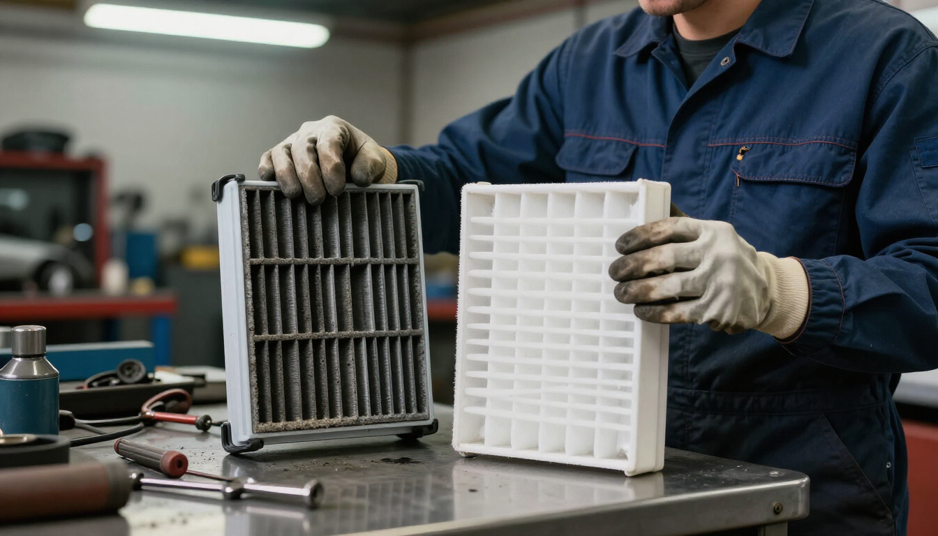 Un mécanicien tient un filtre à air usagé et un filtre à air neuf sur un établi dans un atelier automobile.