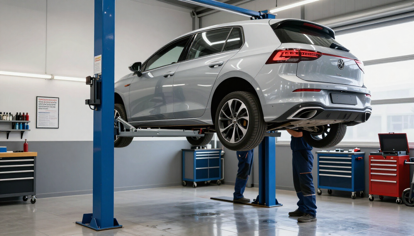 Un SUV argenté est soulevé sur un pont élévateur dans un atelier de réparation automobile, avec un mécanicien en dessous.
