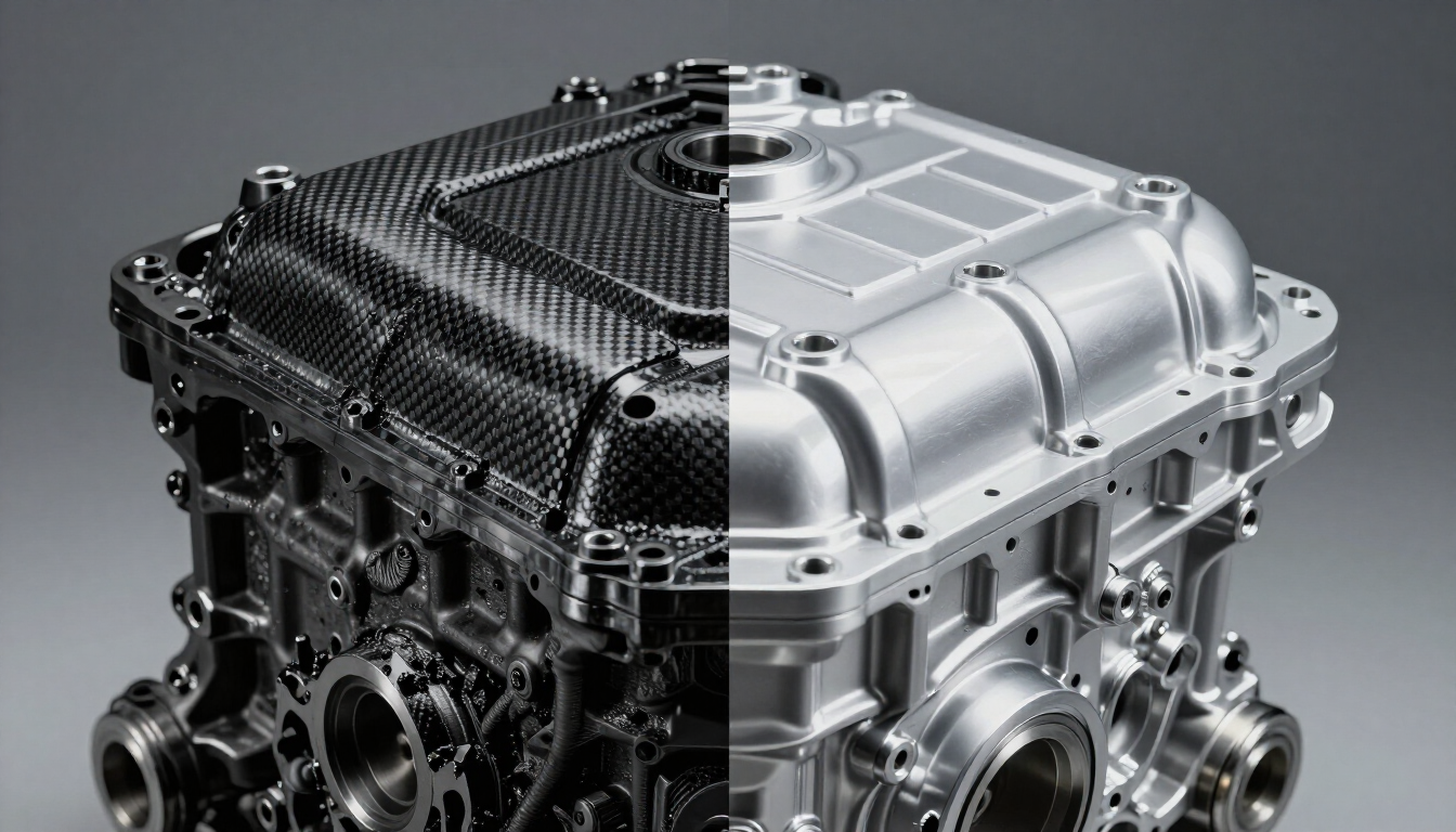 Gros plan d'un composant de moteur ou de boîte de vitesses automobile argenté avec un boîtier en métal texturé sur fond gris