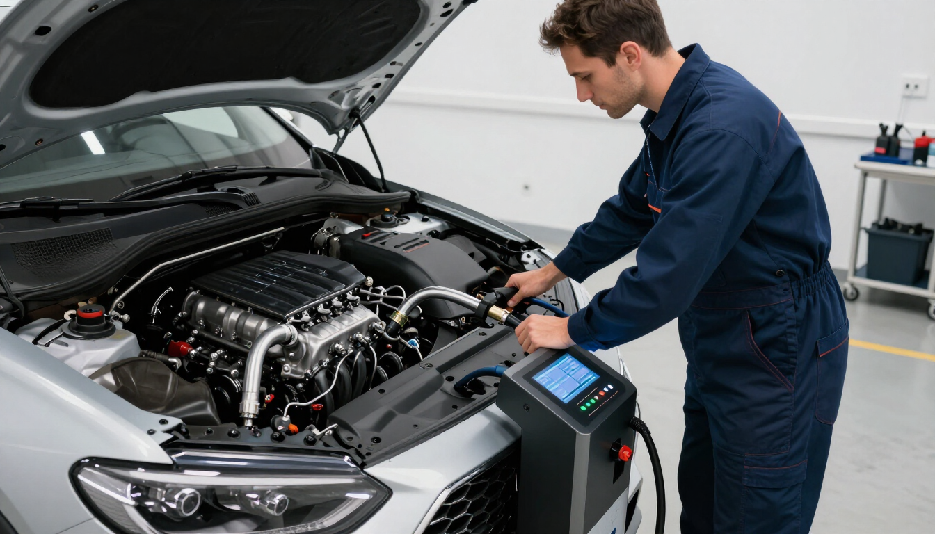 Un mécanicien inspecte le moteur d'une voiture à l'aide d'un appareil de diagnostic dans un garage.
