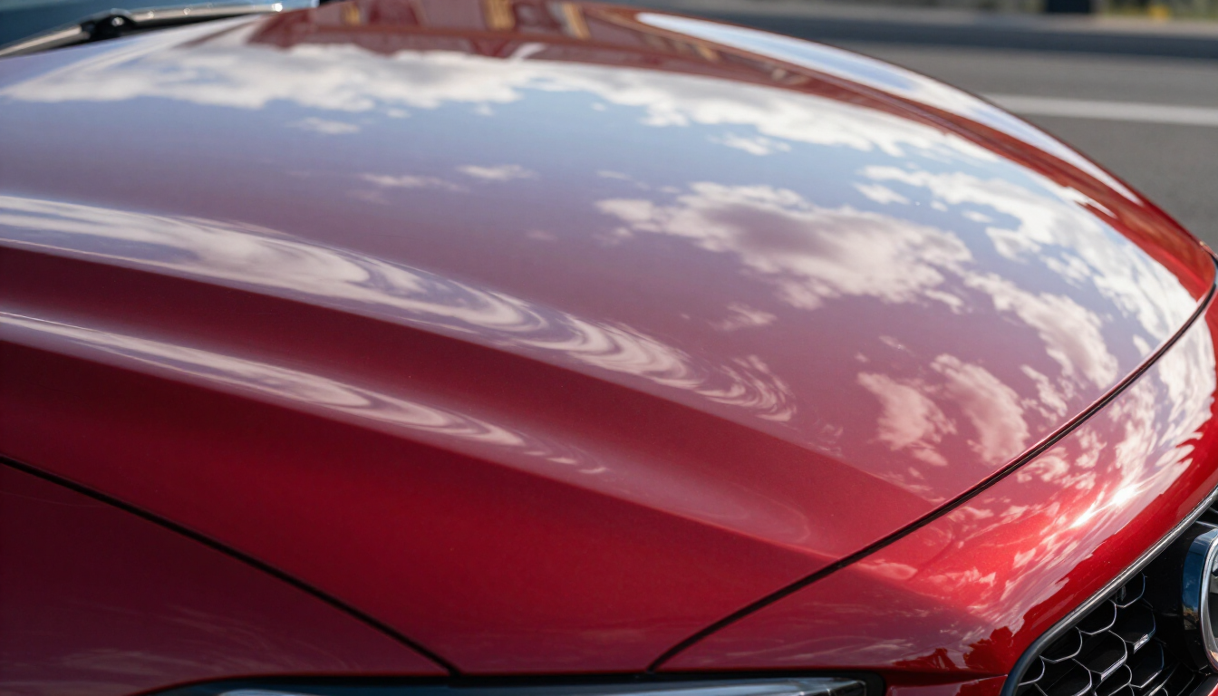 Gros plan sur le capot rouge brillant d'une voiture reflétant les nuages ​​et le ciel