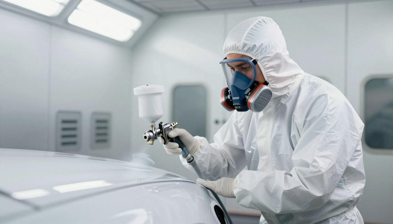 Technicien en combinaison de protection blanche en train de peindre une voiture dans une cabine de peinture propre.