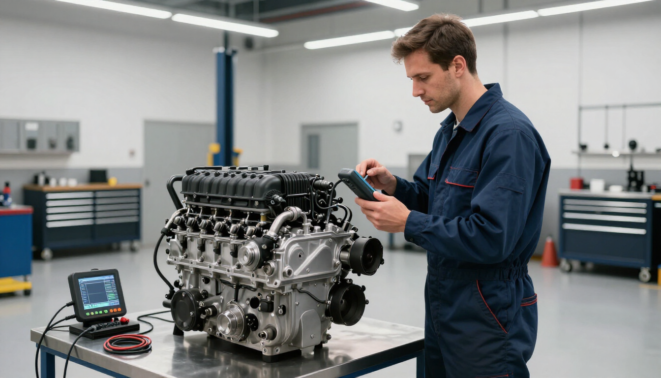 Un mécanicien en combinaison bleue inspecte un gros moteur dans un atelier automobile lumineux.