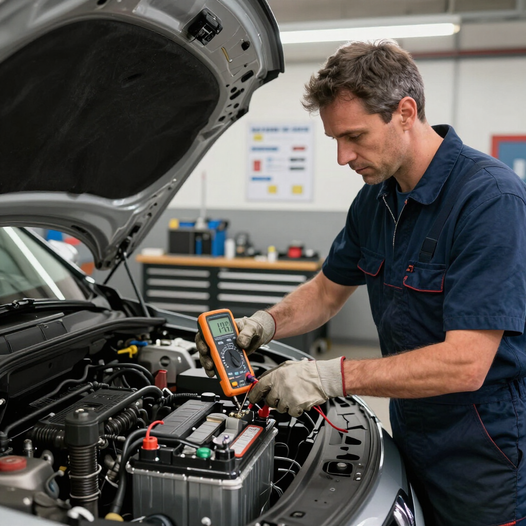 Batterie de voiture neuve avec indicateurs de puissance Ah et A dans un garage professionnel à Domène.