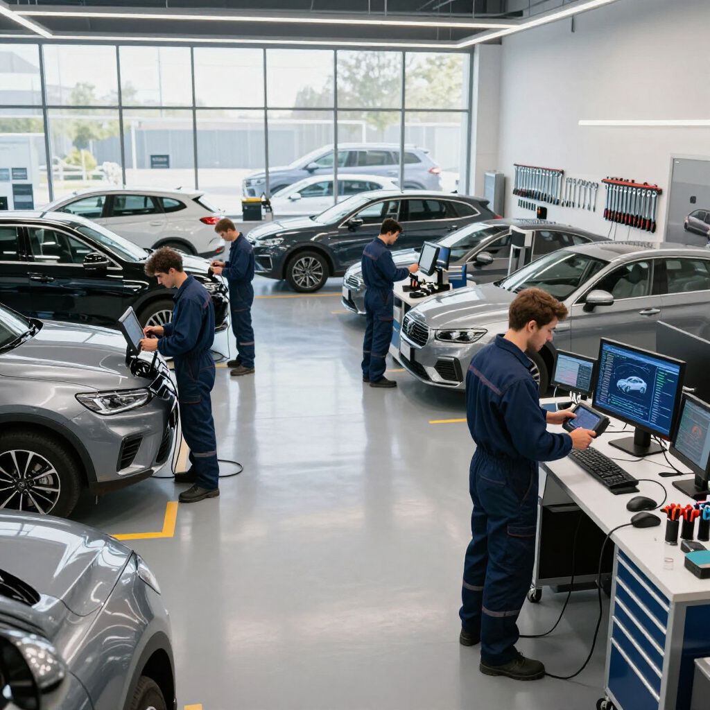 Atelier de réparation automobile avec des mécaniciens inspectant les voitures et utilisant des ordinateurs de diagnostic