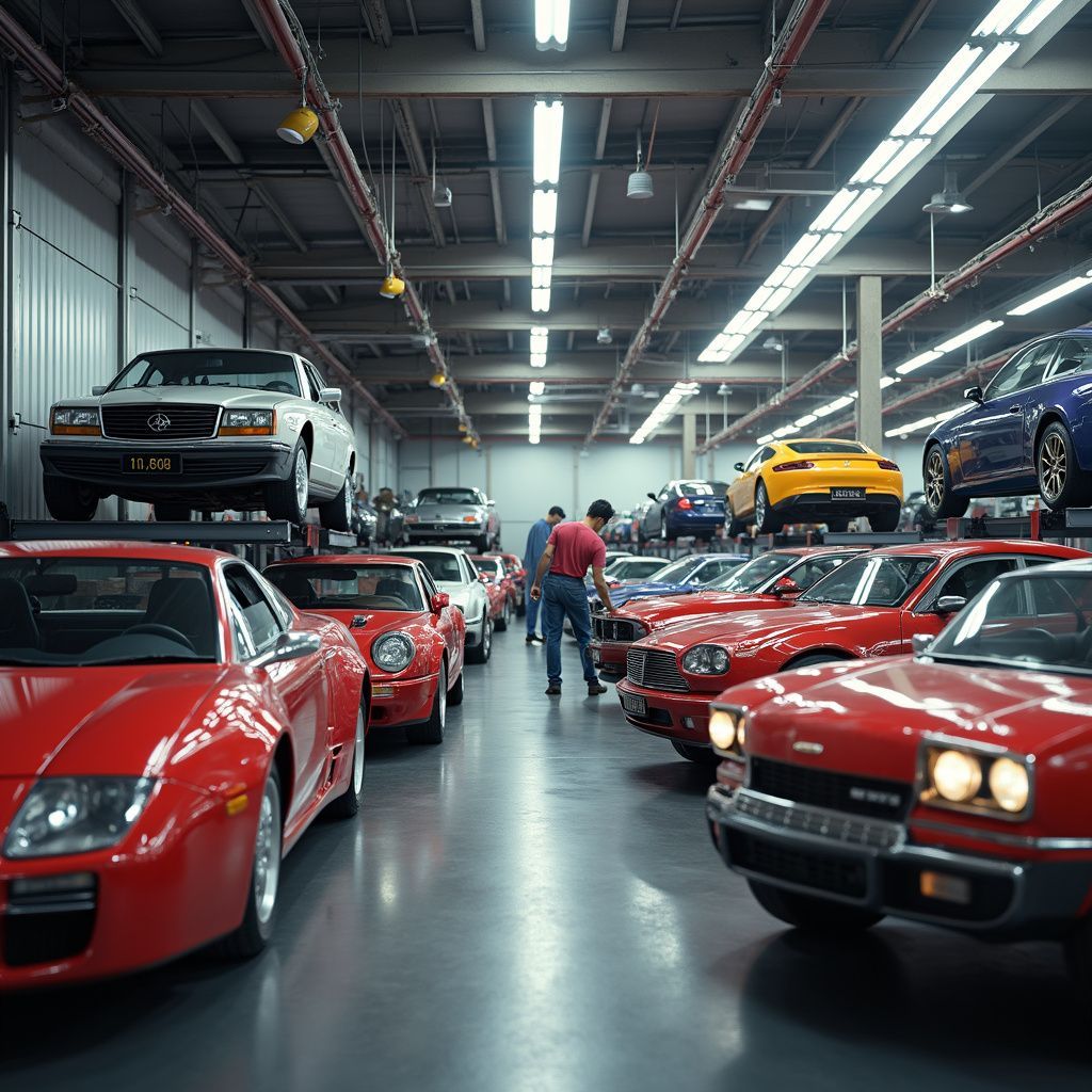 Des voitures classiques exposées dans un garage lumineux, dont des voitures de sport rouges et un coupé jaune