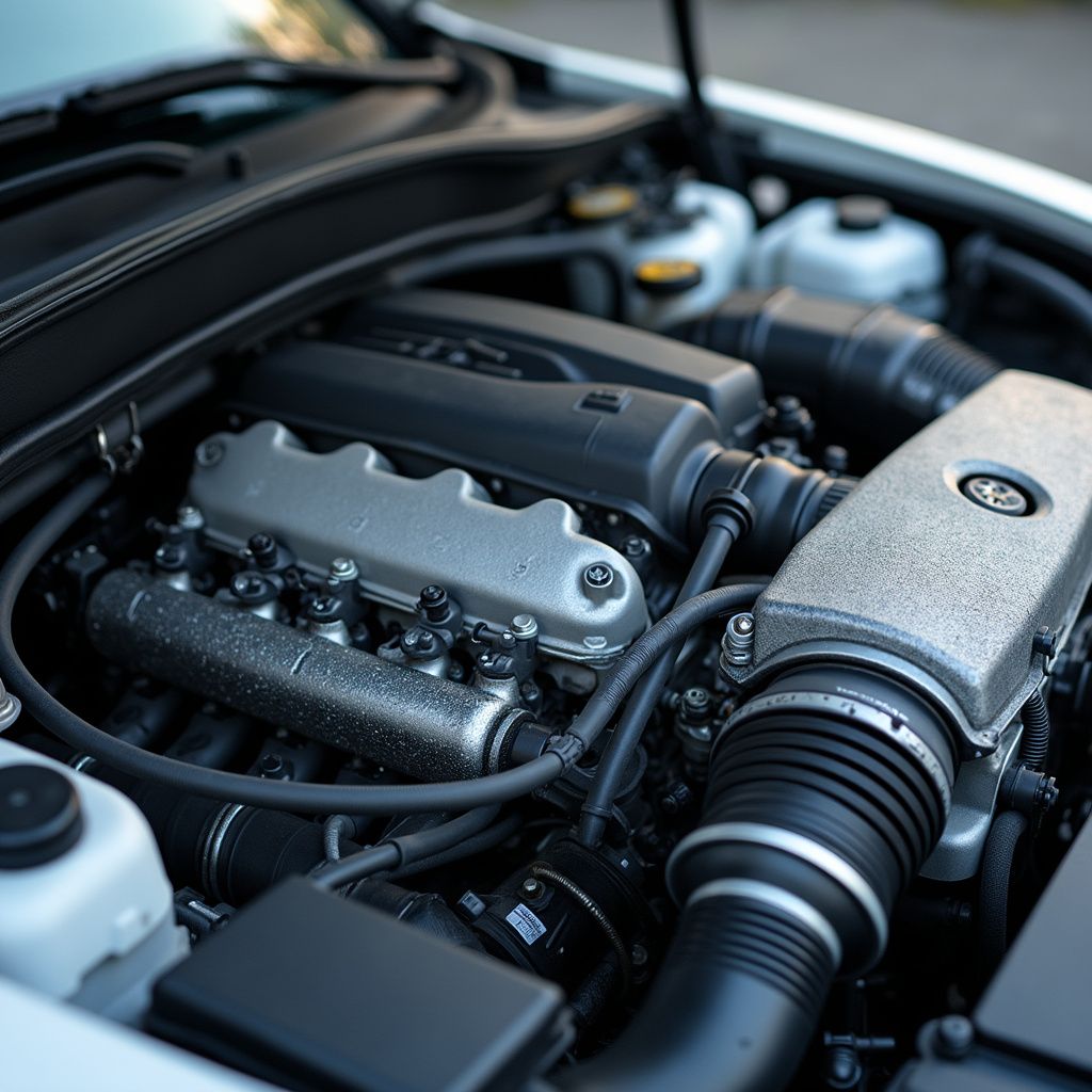 Gros plan sur le compartiment moteur d'une voiture, avec des composants noirs et argentés et une durite d'admission d'air