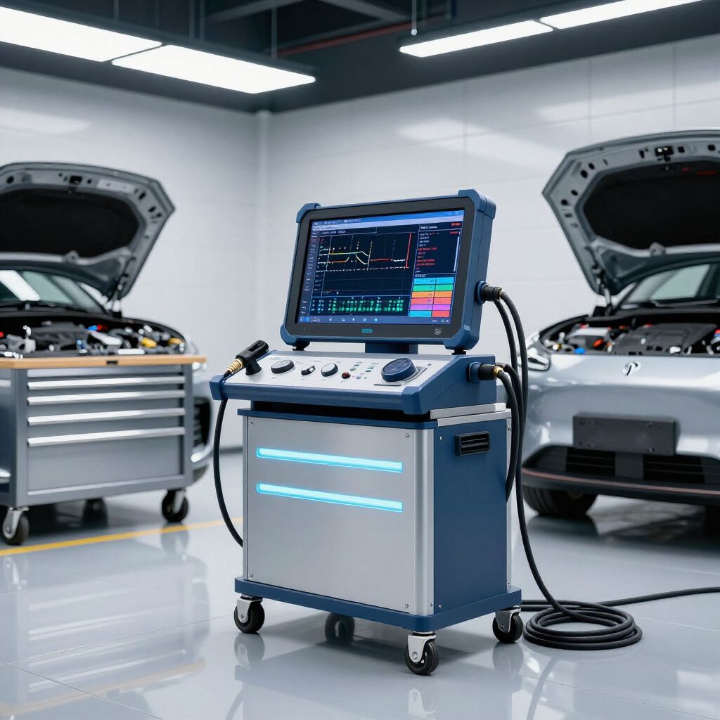 Poste de diagnostic automobile entre deux capots ouverts dans un atelier de réparation lumineux