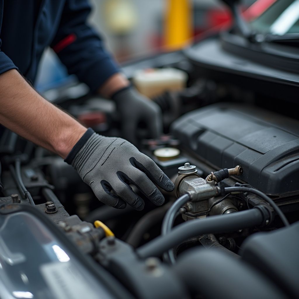 Un mécanicien ganté inspecte les composants d'un moteur de voiture dans un garage