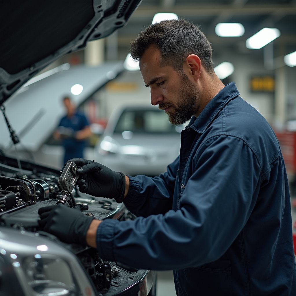 Mécanicien inspectant un moteur sous le capot d'une voiture chez Yan Carrosserie Autos à Domène proche d'Échirolles