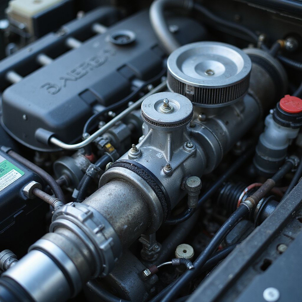Gros plan sur un moteur métallique avec ses tuyaux, ses boulons et son carburateur argenté dans un compartiment mécanique