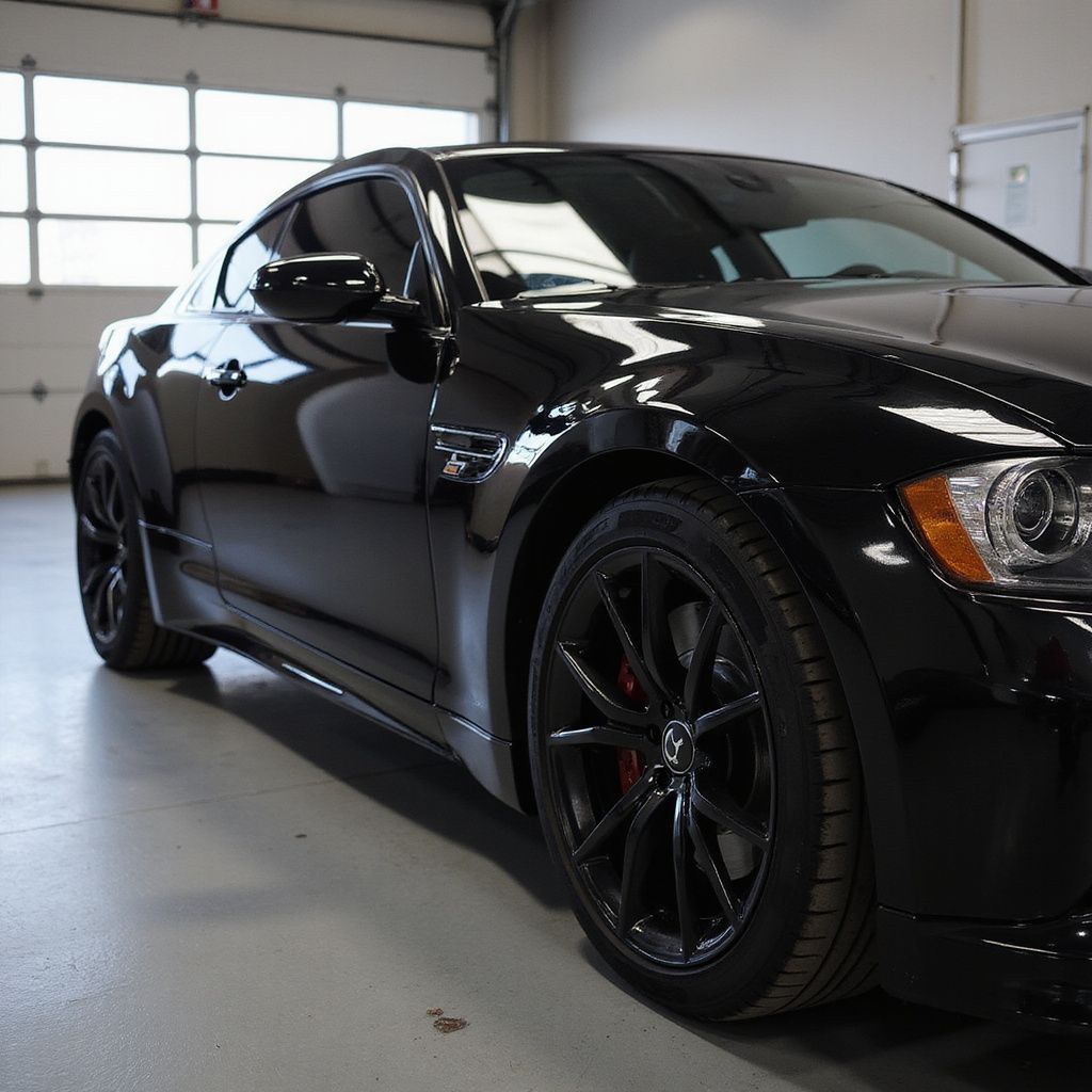Coupé sport noir garé dans un garage, vue de face, avec une finition brillante et des jantes noires