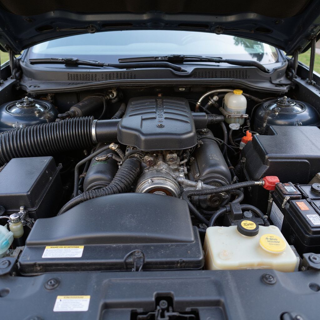 Compartiment moteur de la voiture avec durites noires, batterie, réservoirs de liquide et capot ouvert