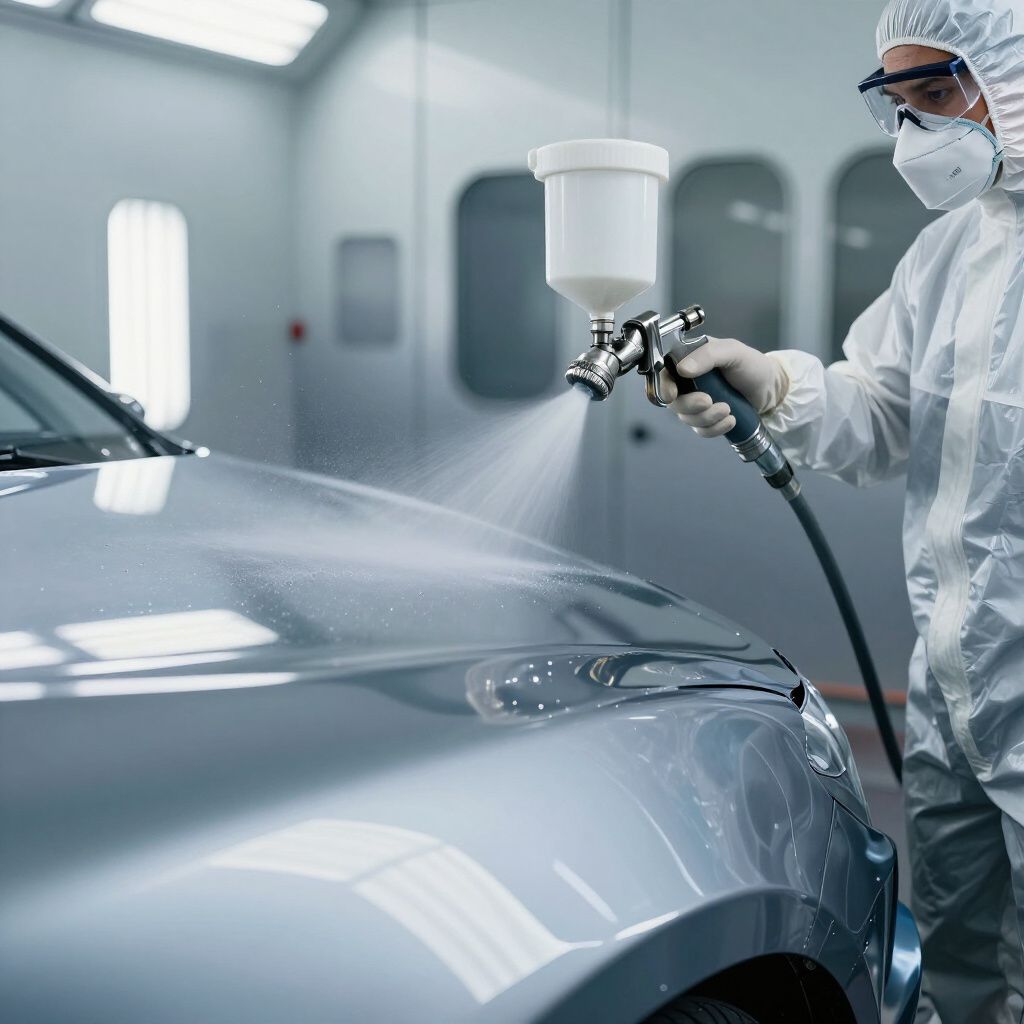Peintre en carrosserie appliquant la peinture sur un véhicule chez Yan Carrosserie Autos à Domène proche de Meylan