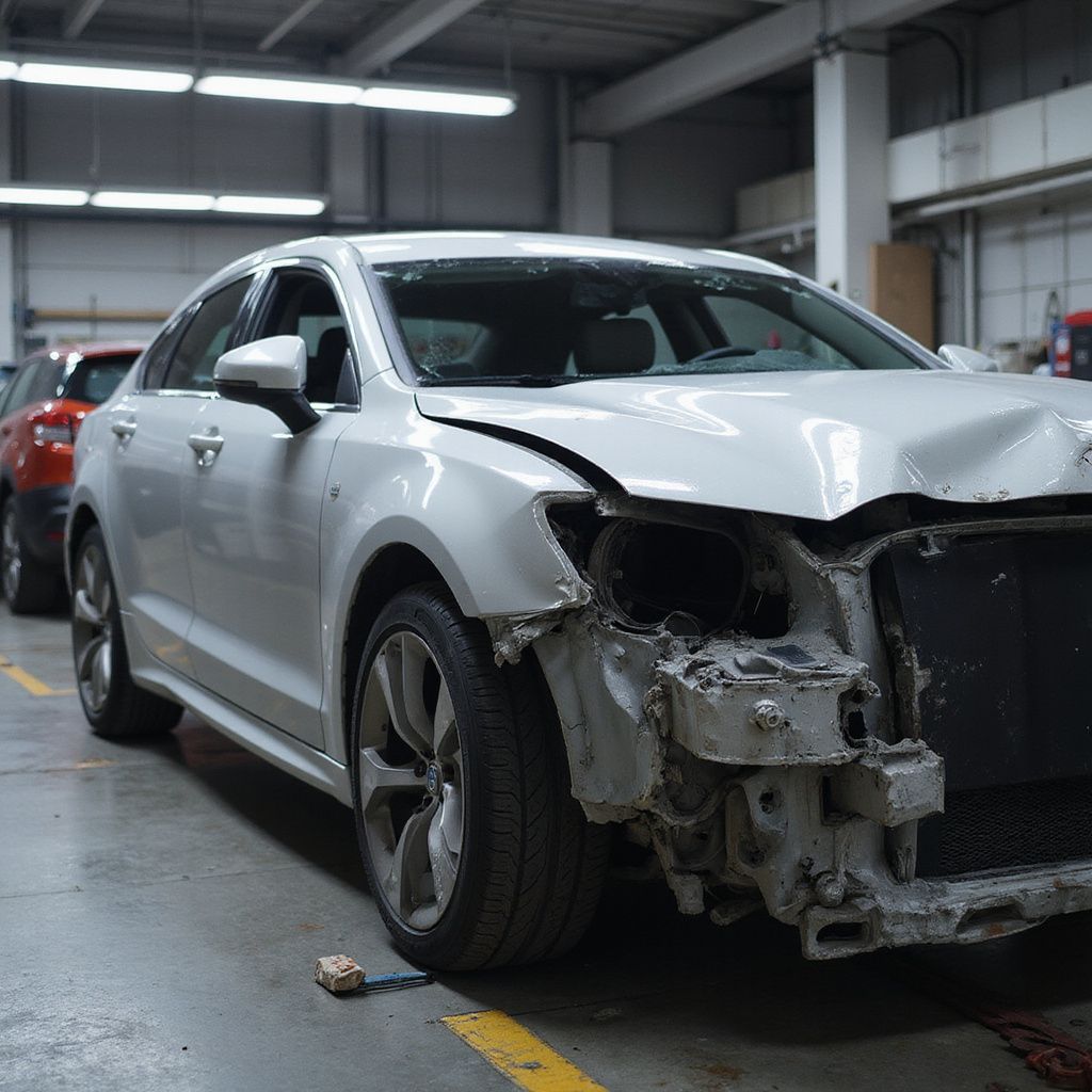 Voiture blanche avec d'importants dégâts à l'avant suite à un accident, stationnée dans un garage
