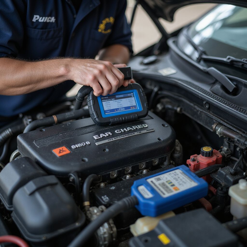 Un mécanicien utilise un chargeur de batterie bleu sur le moteur d'une voiture dans un compartiment moteur ouvert.