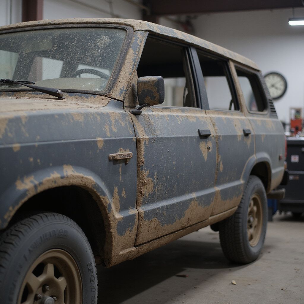 SUV bleu couvert de boue, garé dans un garage, vu de côté